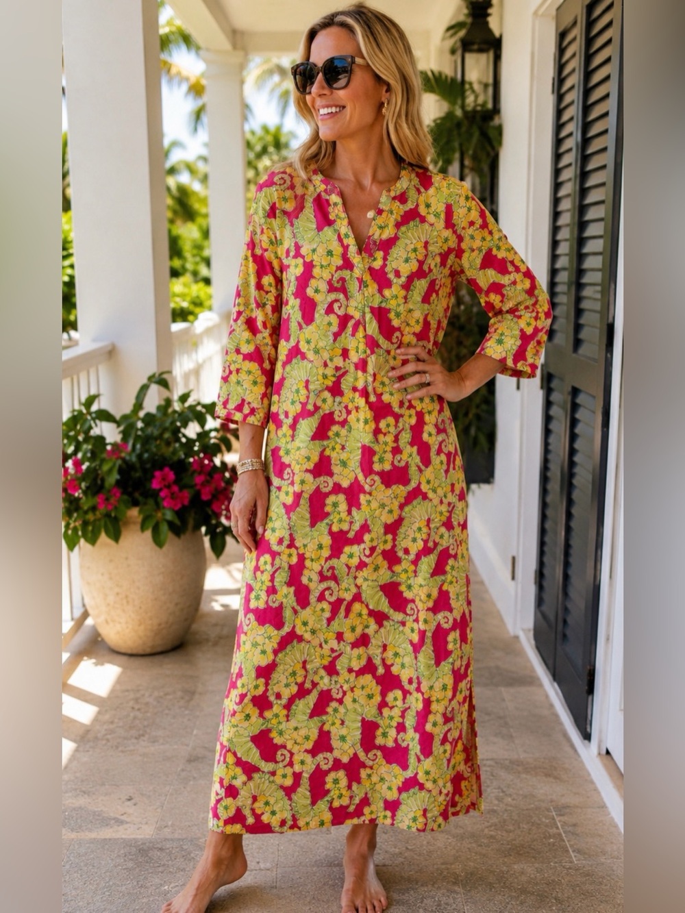 Lilly Pulitzer pink maxi caftan dress “floaters” seahorse flower print vintage